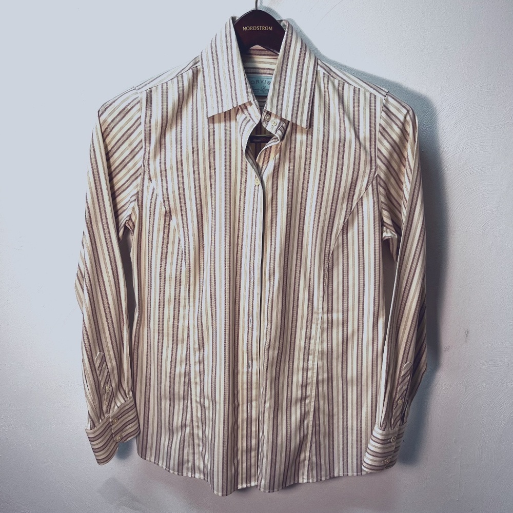 Orvis cotton/cashmere wrinkle free blouse, cream with dark fuchsia stripes - 8.